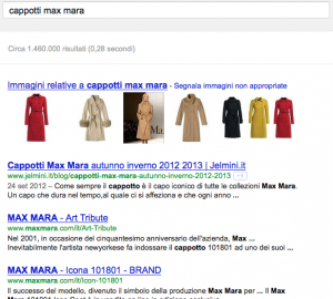 Schermata della ricerca su Google "cappotti Max Mara"